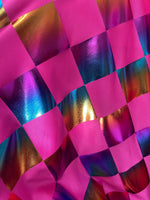 Load image into Gallery viewer, Multi diamond foil on fuchsia spandex 4 way  fabric by the yard
