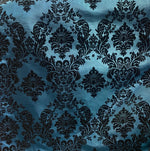 Load image into Gallery viewer, Teal Damask taffeta flocked fabric by the yard
