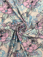 Load image into Gallery viewer, Floral multi pink blue  pastel stretch spandex SOLD BY YARD 60 inches wide
