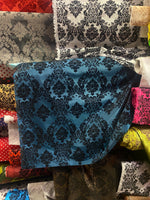 Load image into Gallery viewer, Teal Damask taffeta flocked fabric by the yard
