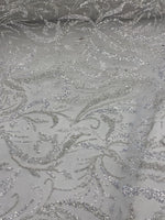 Load image into Gallery viewer, White beaded swirl wedding sequins and pearls on mesh white fabric, 54 inches wide
