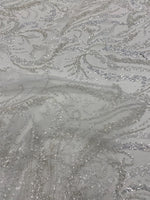 Load image into Gallery viewer, White beaded swirl wedding sequins and pearls on mesh white fabric, 54 inches wide
