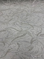 Load image into Gallery viewer, White beaded swirl wedding sequins and pearls on mesh white fabric, 54 inches wide
