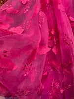 Load image into Gallery viewer, Fuchsia rose petals mesh lace scalloped, sold by the yard 54” wide
