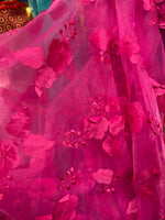 Load image into Gallery viewer, Fuchsia rose petals mesh lace scalloped, sold by the yard 54” wide
