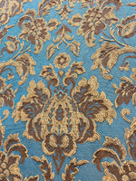 Load image into Gallery viewer, Brown jacquard damask on blue upholstery furniture fabric by the yard
