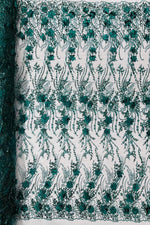 Load image into Gallery viewer, Hunter green 3d floral embroider with pearls mesh lace scalloped, sold by the yard 54” wide
