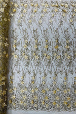 Load image into Gallery viewer, Gold 3d glitter floral embroider with pearls mesh lace scalloped, sold by the yard 54” wide
