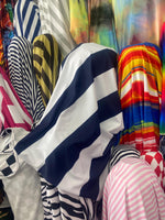 Load image into Gallery viewer, 3 inch navy white stripe 4-Way Stretch Spandex Fabric by the yard 60 " Wide
