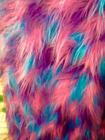 Load image into Gallery viewer, Tie dye shaggy Aqua Marron And purple Faux Fur Long PIle custom rug fabric per yard 60" wide
