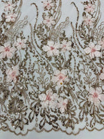 Load image into Gallery viewer, Rose Gold 3d glitter floral embroider with pearls mesh lace scalloped, sold by the yard 54” wide
