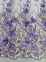 Load image into Gallery viewer, Purple 3d glitter floral embroider with pearls mesh lace scalloped, sold by the yard 54” wide
