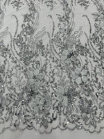 Load image into Gallery viewer, Silver on black 3d glitter floral embroider with pearls mesh lace scalloped, sold by the yard 54” wide
