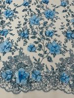 Load image into Gallery viewer, Baby blue 3d glitter floral embroider with pearls mesh lace scalloped, sold by the yard 54” wide
