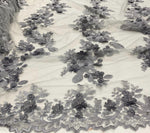 Load image into Gallery viewer, Gray 3d floral design ,embroider with pearls mesh lace scalloped, sold by the yard 54” wide
