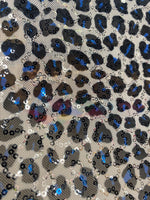 Load image into Gallery viewer, Leopard black and blue stretch lace with sequins all around 58” wide
