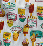 Load image into Gallery viewer, Yellow ice cream and cupcakes Poly cotton Sold by yard  POLYCOTTON 58" wide
