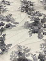 Load image into Gallery viewer, Gray 3d floral design ,embroider with pearls mesh lace scalloped, sold by the yard 54” wide

