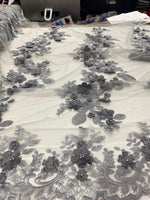 Load image into Gallery viewer, Gray 3d floral design ,embroider with pearls mesh lace scalloped, sold by the yard 54” wide
