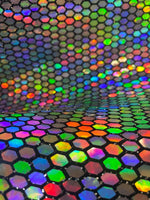 Load image into Gallery viewer, Rainbow Honeycomb Mirror Sequins on Spandex, 58/60 inch wide, sold by the yard
