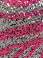 Load image into Gallery viewer, Pink zebra stretch lace with sequins all around white base 58” wide
