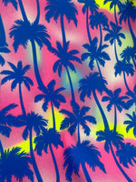 Load image into Gallery viewer, Neon Tropical Palm Tree Fabric – Vibrant Blue Silhouette on Pink, Sunset Ombre – Spandex Polyester, 60” Wide

