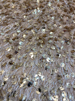 Load image into Gallery viewer, Taupe sequin-embroidered fabric on a textured base with eyelash/fringe threads  Dressmaking Costume Material by the Yard
