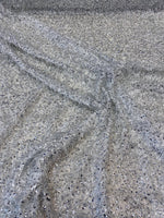 Load image into Gallery viewer, White sequin-embroidered fabric on a textured base with eyelash/fringe threads  Dressmaking Costume Material by the Yard
