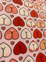 Load image into Gallery viewer, Cheeky Heart Print Spandex Fabric 4 Way Stretch | Pink Novelty Butt Heart Pattern Fabric by the Yard | Swimwear, Activewear, Costumes
