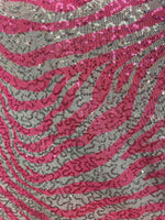 Load image into Gallery viewer, Pink zebra stretch lace with sequins all around white base 58” wide
