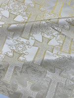 Load image into Gallery viewer, Beige Gold Cross Jacquard Satin Fabric – Religious Brocade Cloth for Vestments, Church Decor, Costumes &amp; Crafts
