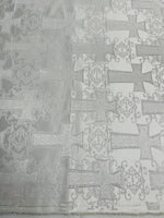 Load image into Gallery viewer, White Silver Cross Jacquard Satin Fabric – Religious Brocade Cloth for Vestments, Church Decor, Costumes &amp; Crafts
