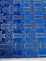 Load image into Gallery viewer, Royal blue Gold Cross Jacquard Satin Fabric – Religious Brocade Cloth for Vestments, Church Decor, Costumes &amp; Crafts
