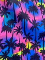 Load image into Gallery viewer, Dark Neon Tropical Palm Tree Fabric – Vibrant Blue Silhouette on Pink, Sunset Ombre – Spandex Polyester, 60” Wide
