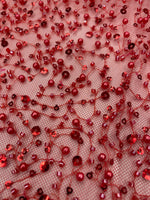 Load image into Gallery viewer, Red pearls sequins on mesh fabric, 54 inches wide
