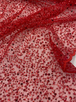 Load image into Gallery viewer, Red pearls sequins on mesh fabric, 54 inches wide
