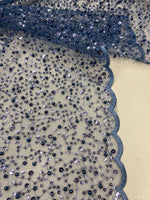 Load image into Gallery viewer, Blue pearls sequins on mesh fabric, 54 inches wide
