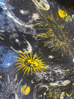 Load image into Gallery viewer, Celestial Skull Stretch Velvet Fabric by the Yard | Gothic Moon Sun Stars Velour Knit for Costumes, Apparel, Crafts &amp; Decor
