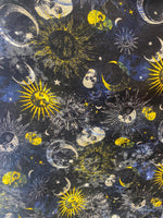 Load image into Gallery viewer, Celestial Skull Stretch Velvet Fabric by the Yard | Gothic Moon Sun Stars Velour Knit for Costumes, Apparel, Crafts &amp; Decor
