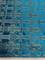 Load image into Gallery viewer, Turquoise Gold Cross Jacquard Satin Fabric – Religious Brocade Cloth for Vestments, Church Decor, Costumes &amp; Crafts
