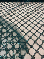 Load image into Gallery viewer, Emerald Sequin Beaded Lattice Mesh Fabric | Luxury Embroidered Tulle for Dresses, Gowns, Costumes, Event Decor
