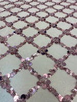 Load image into Gallery viewer, Dusty Rose Sequin Beaded Lattice Mesh Fabric | Luxury Embroidered Tulle for Dresses, Gowns, Costumes, Event Decor
