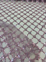 Load image into Gallery viewer, Dusty Rose Sequin Beaded Lattice Mesh Fabric | Luxury Embroidered Tulle for Dresses, Gowns, Costumes, Event Decor
