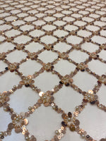 Load image into Gallery viewer, Gold Sequin Beaded Lattice Mesh Fabric | Luxury Embroidered Tulle for Dresses, Gowns, Costumes, Event Decor
