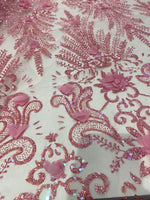 Load image into Gallery viewer, Pink Glitter Floral Lace Fabric with 3D Flowers | Embroidered Mesh Tulle Fabric by the Yard for Dresses, Gowns, DIY Crafts &amp; Decor
