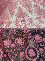 Load image into Gallery viewer, Pink Glitter Floral Lace Fabric with 3D Flowers | Embroidered Mesh Tulle Fabric by the Yard for Dresses, Gowns, DIY Crafts &amp; Decor
