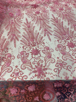 Load image into Gallery viewer, Pink Glitter Floral Lace Fabric with 3D Flowers | Embroidered Mesh Tulle Fabric by the Yard for Dresses, Gowns, DIY Crafts &amp; Decor
