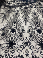 Load image into Gallery viewer, Black Glitter Floral Lace Fabric with 3D Flowers | Embroidered Mesh Tulle Fabric by the Yard for Dresses, Gowns, DIY Crafts &amp; Decor
