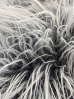 Load image into Gallery viewer, Light Gray Mongolian Tips Faux Fur Fabric on Gray Backing | Long Pile Shaggy Fur by the Yard
