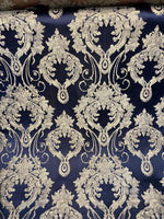 Load image into Gallery viewer, Navy Damask Jacquard Upholstery Fabric – Luxury Baroque Brocade by the Yard 54” wide
